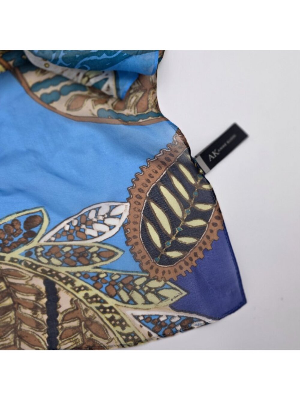 Anne Klein Womens 100% Silk Scarf With Paisley & Floral Print In Blue Brown Gold - Picture 2 of 9